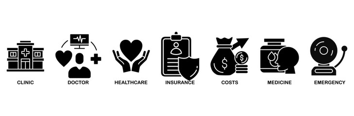 Medicare icon set vector illustration concept with icon of clinic, doctor, healthcare, insurance, costs, medicine, and emergency