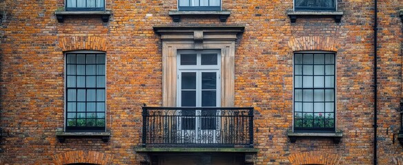 Obraz premium Close-up of an orange brick building facade with large black-framed windows and a central balcony with ornate black iron railings