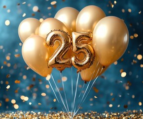 golden balloons with shiny metallic number twenty five floating surrounded by golden confetti on a blue background celebrating an anniversary or milestone