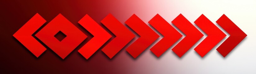 A horizontal row of nine abstract red geometric shapes on a gradient background fading from dark red on the left to white on the right creating depth and shadow effects