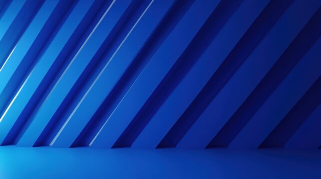 Abstract geometric composition of blue diagonal slats casting shadows creating a gradient effect and depth