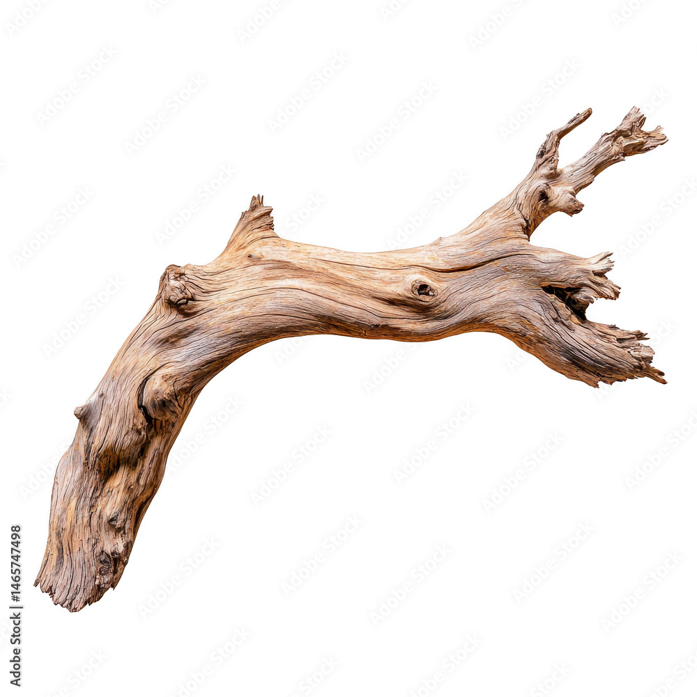 Poster weathered, twisted tree branch with rough texture and natural brown tones, isolated on transparency 