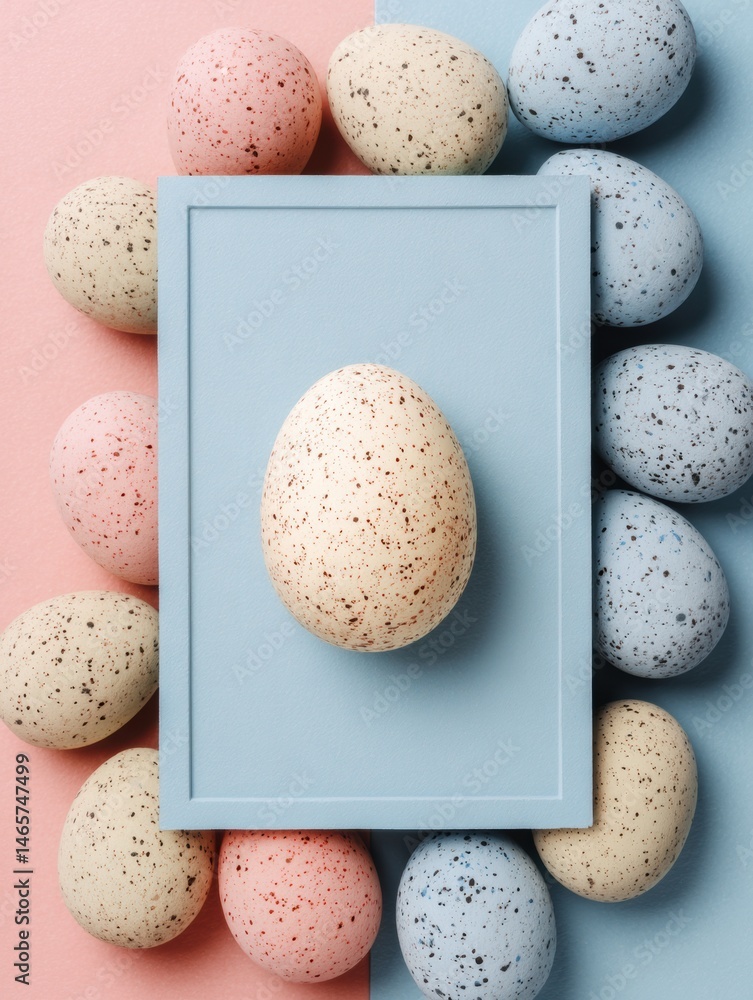 Poster Speckled Eggs Arranged Around a Pastel Flat Frame Showcasing a Single Egg in a Creative Display of Color and Texture Generative AI