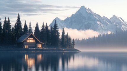 Fototapeta premium Peaceful mountain cabin by a serene lake at dawn.