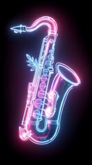 Glowing neon saxophone with floral detail on dark background