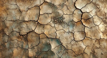 Close-up of cracked dry earth soil with brown and gray tones showing drought and natural weathered texture