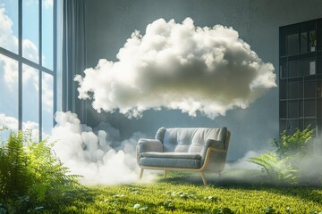 Cloud-filled room, sofa, grass, plants, light