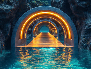Underwater tunnel entrance with glowing arches and reflective water creating mysterious