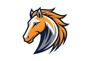 Fierce horse head art showcases bold orange and dark blue colors and white face