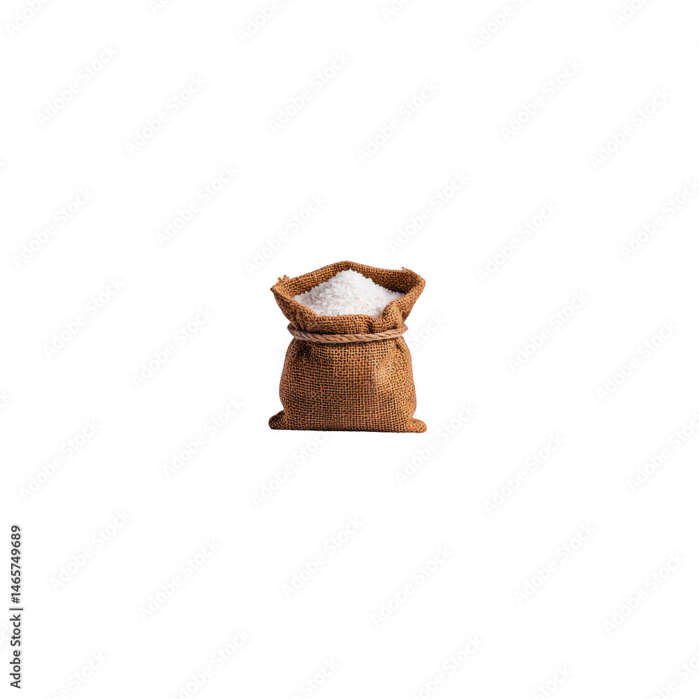 Poster burlap sack filled with white salt is displayed against plain background, showcasing its rustic text