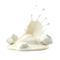Creamy milk splash with ice cubes on transparency background, capturing dynamic and refreshing moment. smooth texture and vibrant splash create sense of freshness and energy