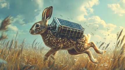 The hare runs around the field and carries a solar battery. a fabulous picture with a hare that carries a solar panel. [Industrial Fairytales] | Metalbound Lore | bolted fairy. Illustration