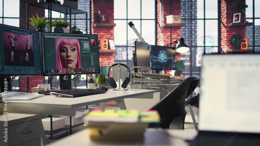 Poster modern creative office for a photo editor with ai and retouching software, showing an empty desk wit