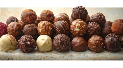Assorted variety of round chocolate truffles with different coatings and textures arranged in multiple rows on rustic surface evoking indulgence and sweetness