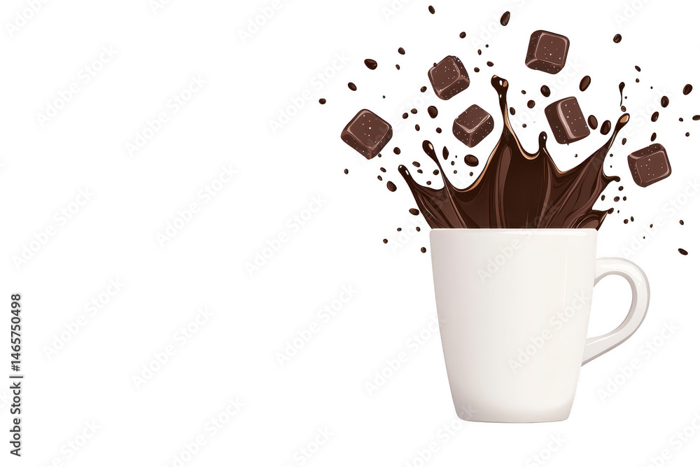 Poster white mug with splash of chocolate and chocolate pieces creates dynamic and appetizing scene. image 
