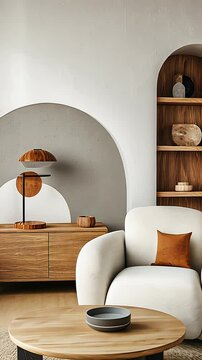 Modern, warm living space. White armchair, wood furniture, decorative objects