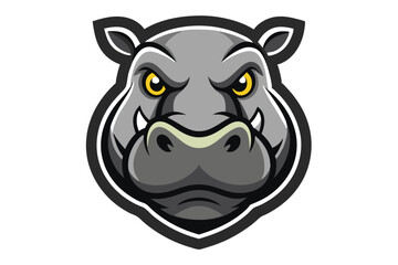 Cartoon hippo shows intense yellow eyes and short tusks in a bold design