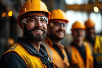Smiling construction worker wearing orange helmet and safety glasses with colleagues in background, all dressed in safety vests and helmets indoors