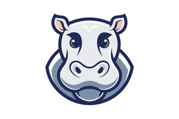Cartoon hippo face with green eyes exhibits a cute and friendly expression on white