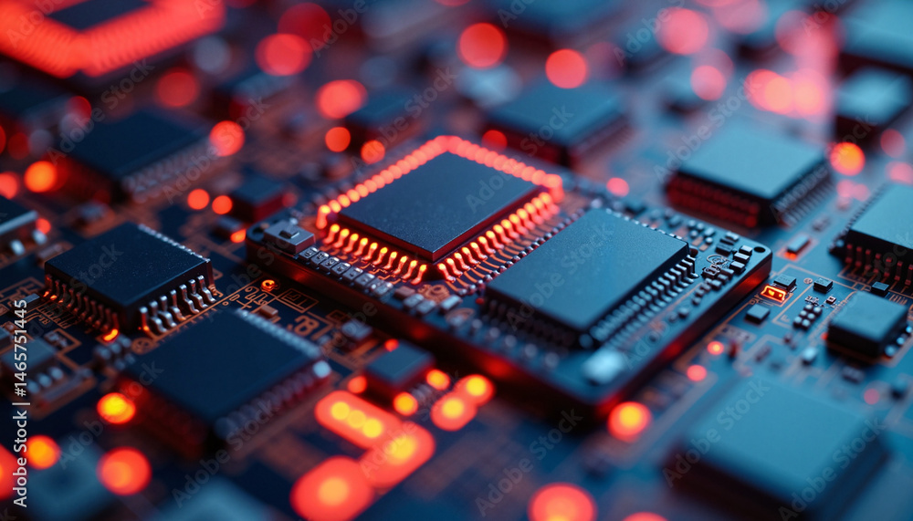 Aufkleber microchips in macro view - comfyui_0001 with glowing red lights