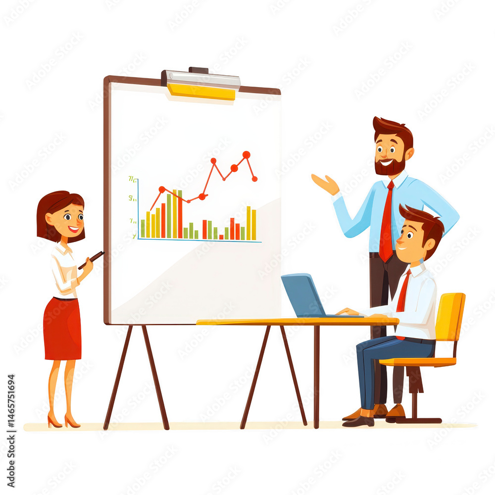 Poster business meeting with three animated characters discussing chart on flipboard. one character is pres