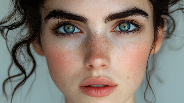 Close-up portrait, freckled face, intense gaze