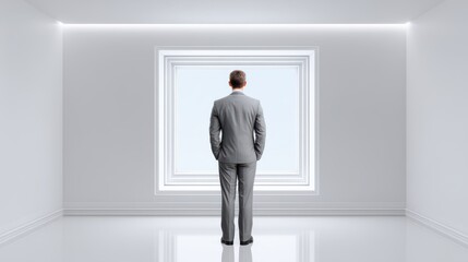 Fototapeta premium Businessman in Suit Gazing Out of Bright Minimalist Room Window