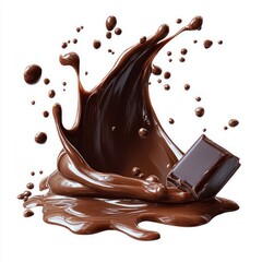 Splash of smooth melted chocolate with a solid chocolate piece falling into it, creating dynamic droplets and glossy textures on a white background