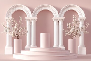 Fototapeta premium Elegant, pink, arched, pedestal, display