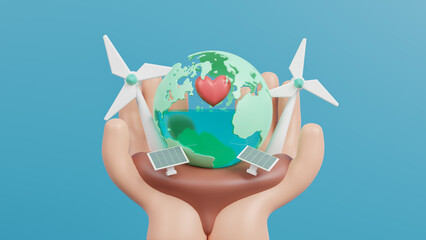 Ecology, Sustainable clean, renewable energy sources and green electricity concept. Environment, society and governance. Energy of natural sustainable and ethical business. 3d rendering illustration