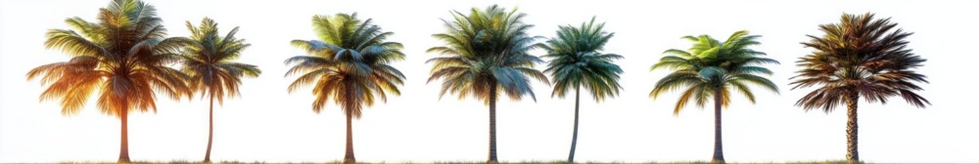 Seven palm trees of varying heights isolated on white background with vibrant green and brown fronds conveying tropical and serene atmosphere