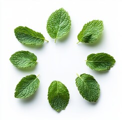 Eight fresh green mint leaves arranged in a circular pattern on a white background, showcasing vibrant textures and natural freshness
