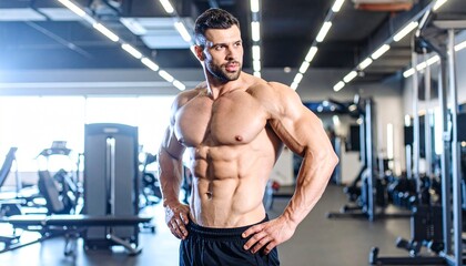A close-up of a man's upper body shows his abdominal muscles in a fitness center illuminated by blue lights