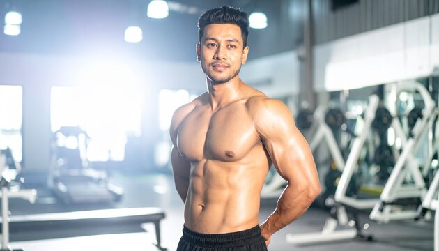 A close-up of a man's upper body shows his abdominal muscles in a fitness center illuminated by blue lights