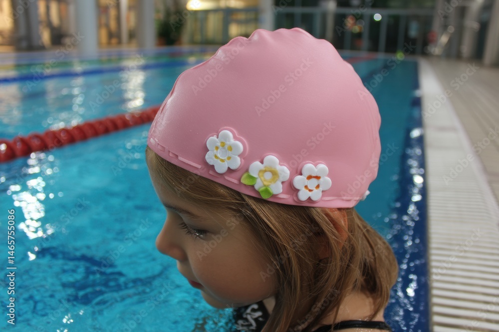 Poster retro swimming cap with flower detail at the edge of a vibrant indoor pool during a swim practice fo