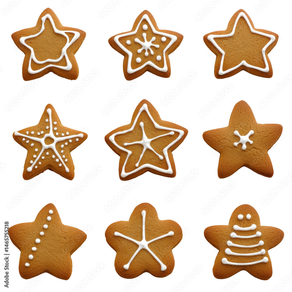 Poster star shaped gingerbread cookies with white icing designs are arranged in grid. each cookie features 