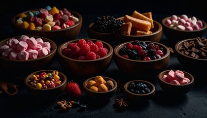 collection of different candy in different wooden bowls 