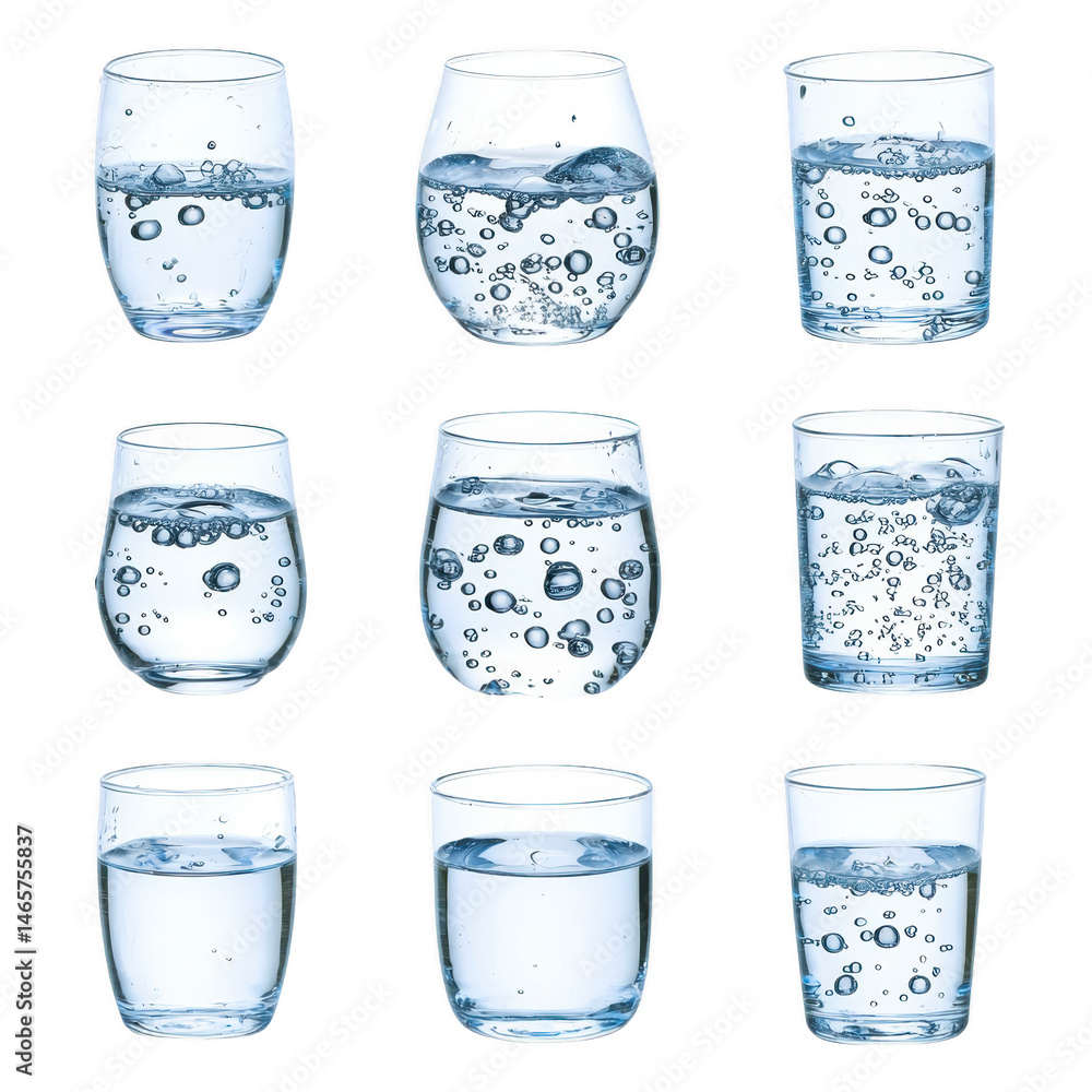 Poster nine glasses of water are arranged in grid, each filled with clear water and bubbles, creating refre
