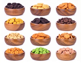 collection of different color of biscuit in different wooden bowls 