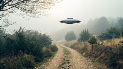 Fototapeta premium A mysterious unidentified flying object (UFO) drifts above a fog-shrouded country lane, with sparse vegetation and a hint of distant hills, suggesting an alien encounter
