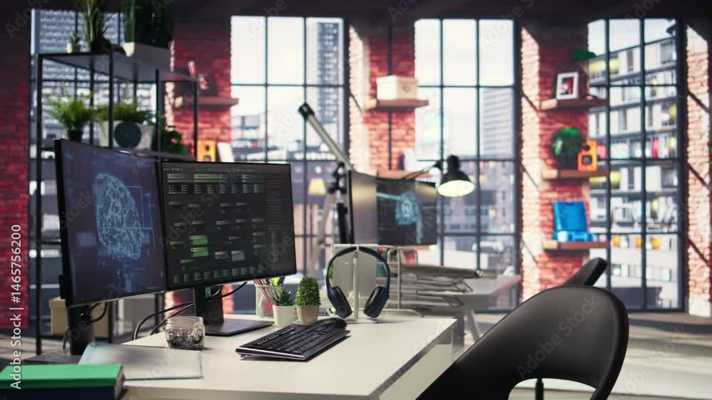 Poster visual coding interface active on a modern dual monitors setup, running ai brain based systems and c