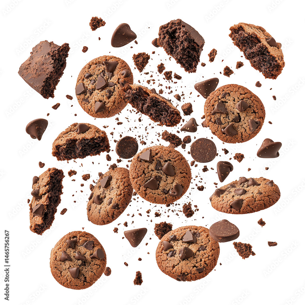 Poster chocolate chip cookies and chunks are scattered against transparency background, creating dynamic an