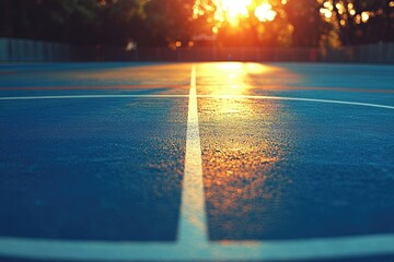 Sunset illuminating a dew-covered outdoor basketball court's center circle.