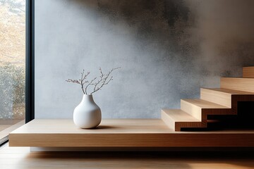 Minimalist interior with light wooden floating staircase and platform holding a white vase with bare branches against a textured gray wall and large window showing autumn foliage