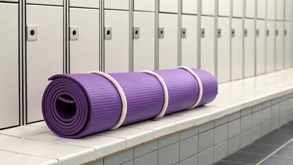 A vibrant purple exercise mat is placed on a changing room bench, ready for a workout, emphasizing the importance of self-care, physical activity, and the routines of a healthy lifestyle