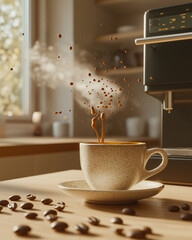 Coffee Splash in Rustic Cup with Sunlit Background
