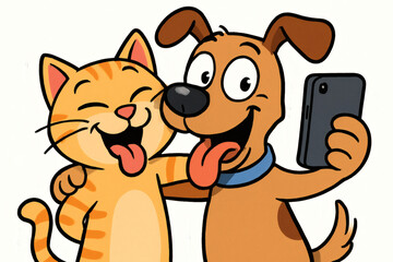 Fototapeta premium Cartoon dog and cat smiling and taking selfie together with tongues out, joyful pet duo illustration, white background