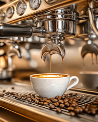Espresso Machine Pouring Fresh Coffee Into White Cup
