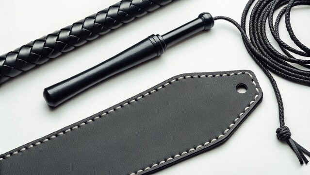 Three distinct black leather items: a spanker with metal studs, a flogger with a braided handle, and a decorative leather tassel, arranged on a white surface, emphasizing their unique designs