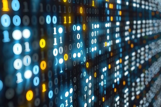Digital binary code pattern illuminated with glowing dots.